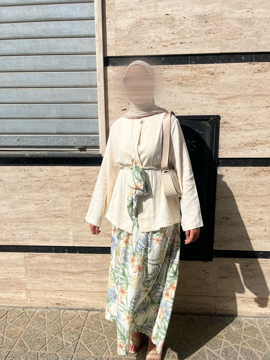 Ensemble EMELY – Jupe Longue Imprimée & Chemise Unie avec Ceinture